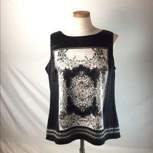 Black, white, and pink abstract printed blouse